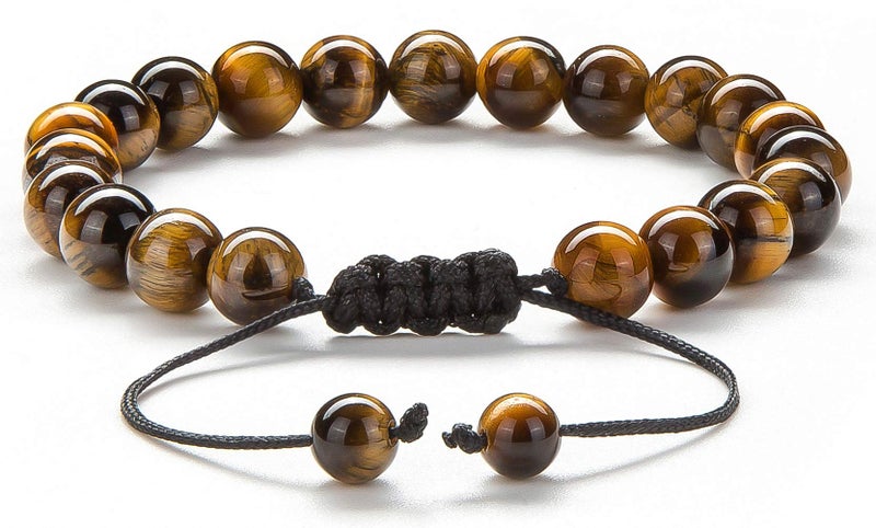 Hamoery Men Women 8mm Tiger Eye Stone Beads Bracelet Braided Rope Natural Stone Yoga Bracelet Bangle(Tiger Eye Stone) - Image 3